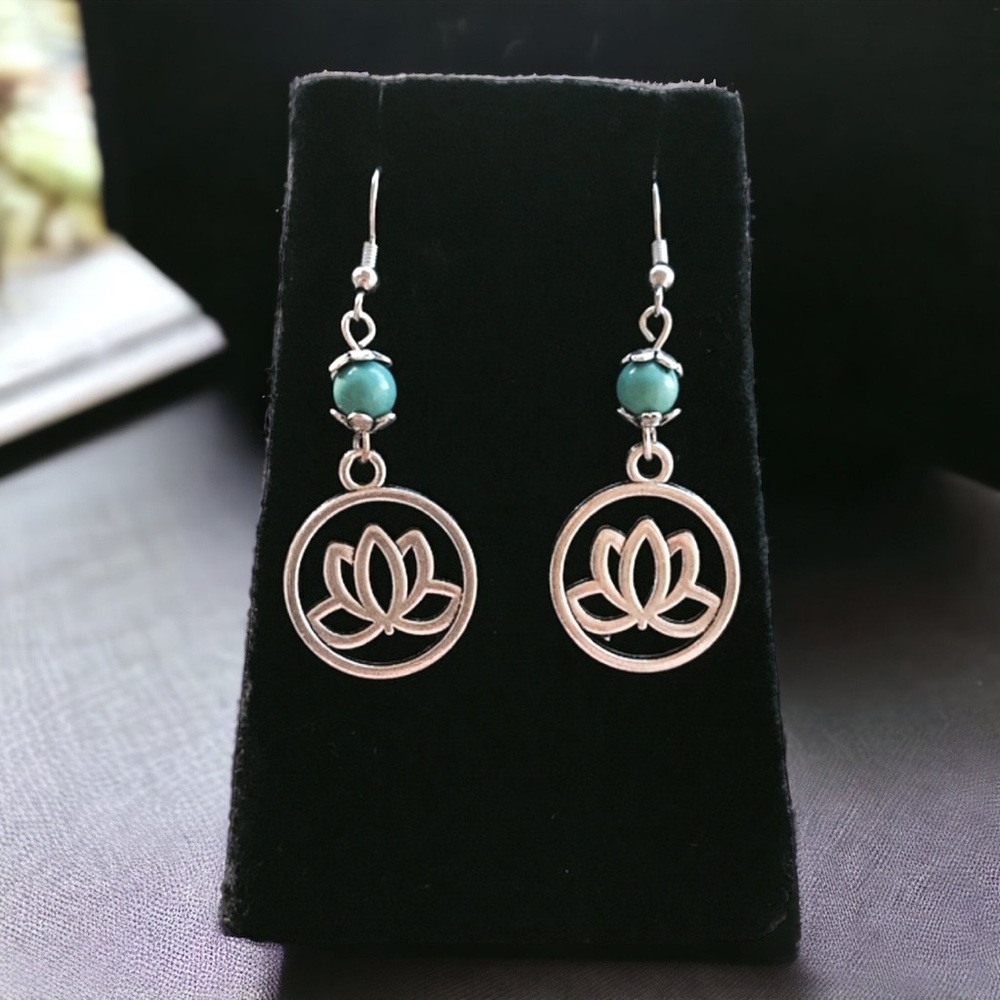 Turquoise boho lotus flower coin silver plated earrings + stainless steel post